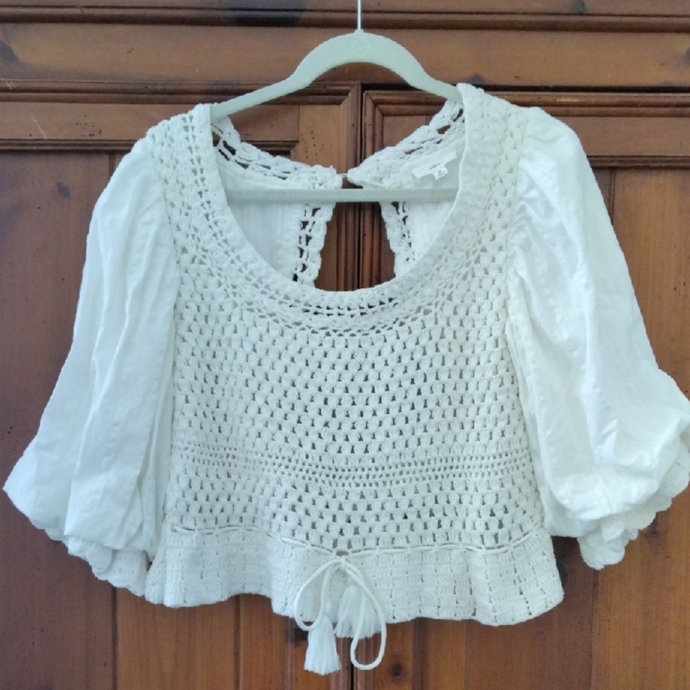 White Cropped Blouse with 3/4 Sleeves and Tie Front